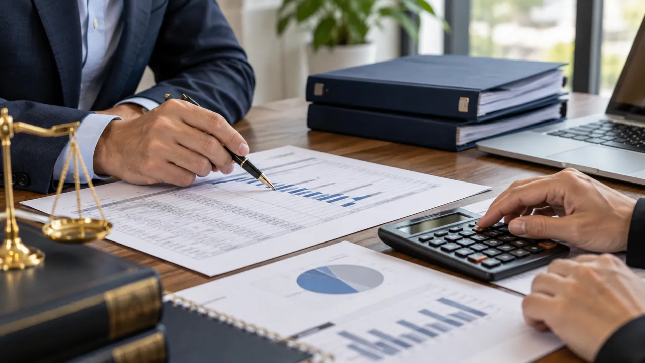 Manos revisando un calendario de pagos con calculadora y carpetas en una mesa de empresa
